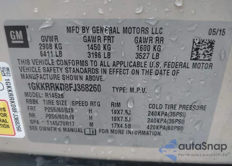 2015 GMC Acadia Slt-1 из США, поврежденный, VIN 1GKKRRKD8FJ368260